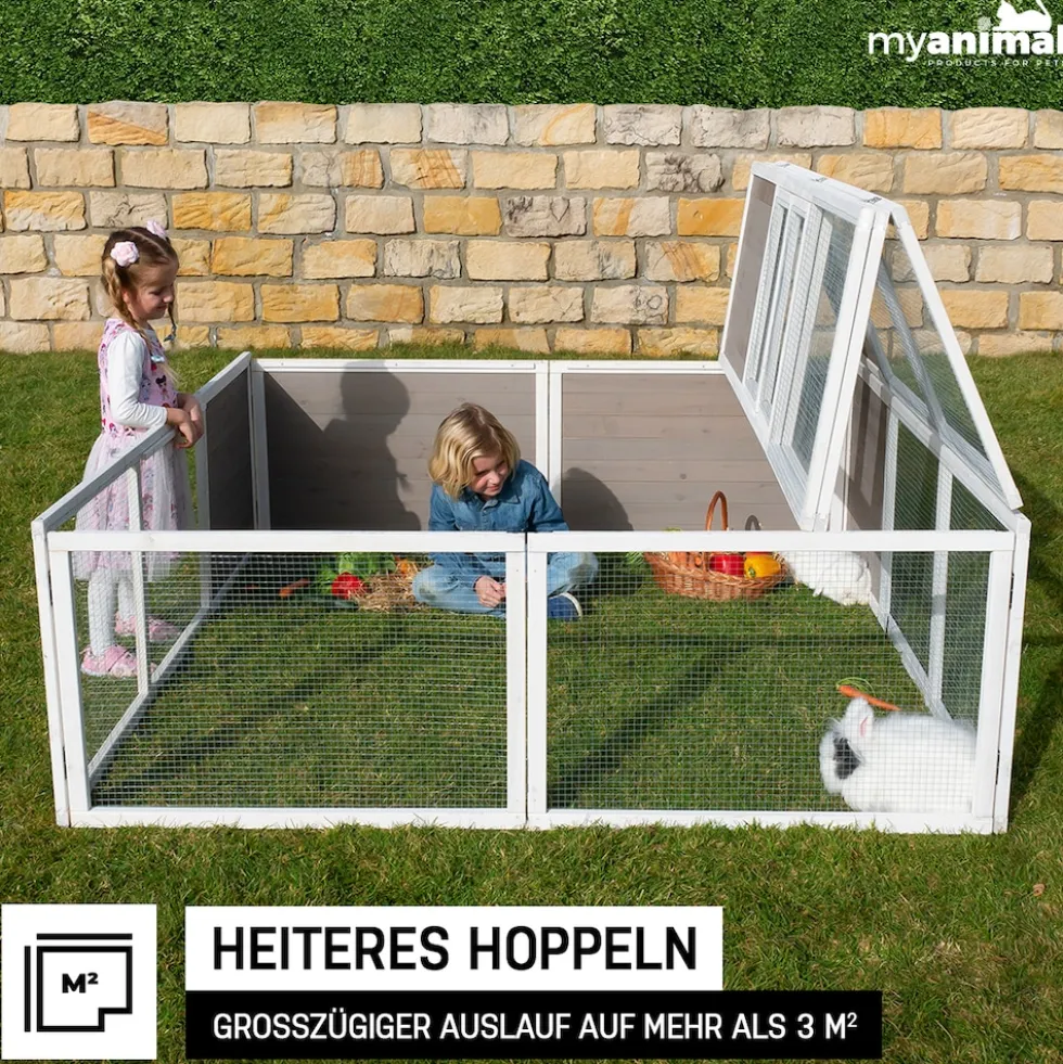 MyAnimal Hasenstall MH-06 Freilaufgehege, Kaninchenstall XXL, mit Unterstand, Simple-Fold, Vollholz (Grau)