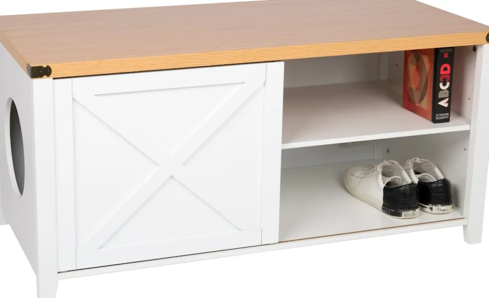 needs&wants® Katzenschrank groß für Katzentoilette XXL aus Holz mit Schuhschrank Sitzkommode, Katzenklo-Schrank Kommode, Design Katzenhaus Toilette Klo, 110 x 50 x 53 cm, weiß braun