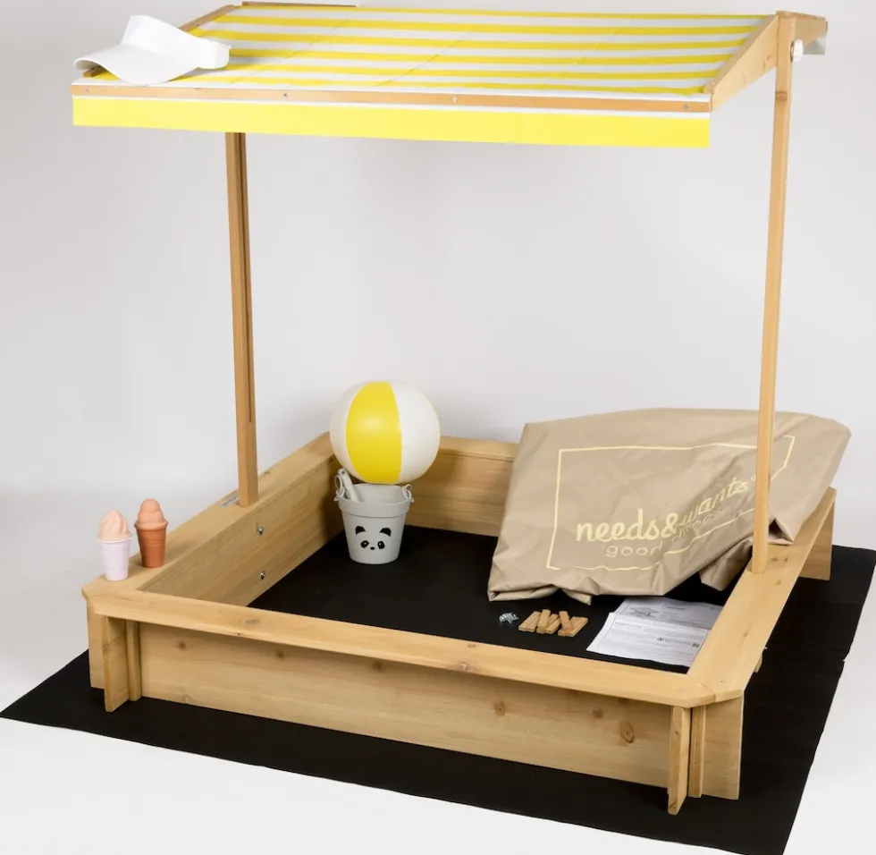 needs&wants® Sandkasten mit Dach Sitzbank und Boden Vlies-Folie, mit Abdeckung Oxford 600D, Sandkiste Holz rechteckig mit Bänken Outdoor Garten Kinder UV-Sonnenschutz, 113x113x113 cm, gelb weiß braun