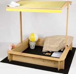 needs&wants® Sandkasten mit Dach Sitzbank und Boden Vlies-Folie, mit Abdeckung Oxford 600D, Sandkiste Holz rechteckig mit Bänken Outdoor Garten Kinder UV-Sonnenschutz, 113x113x113 cm, gelb weiß braun