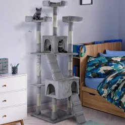 NYVI Katzen Kratzbaum Diego 170 cm Grau - Deluxe Katzenbaum mit Katzenhöhlen, 3 Plattformen und Sisal Kratzsäule