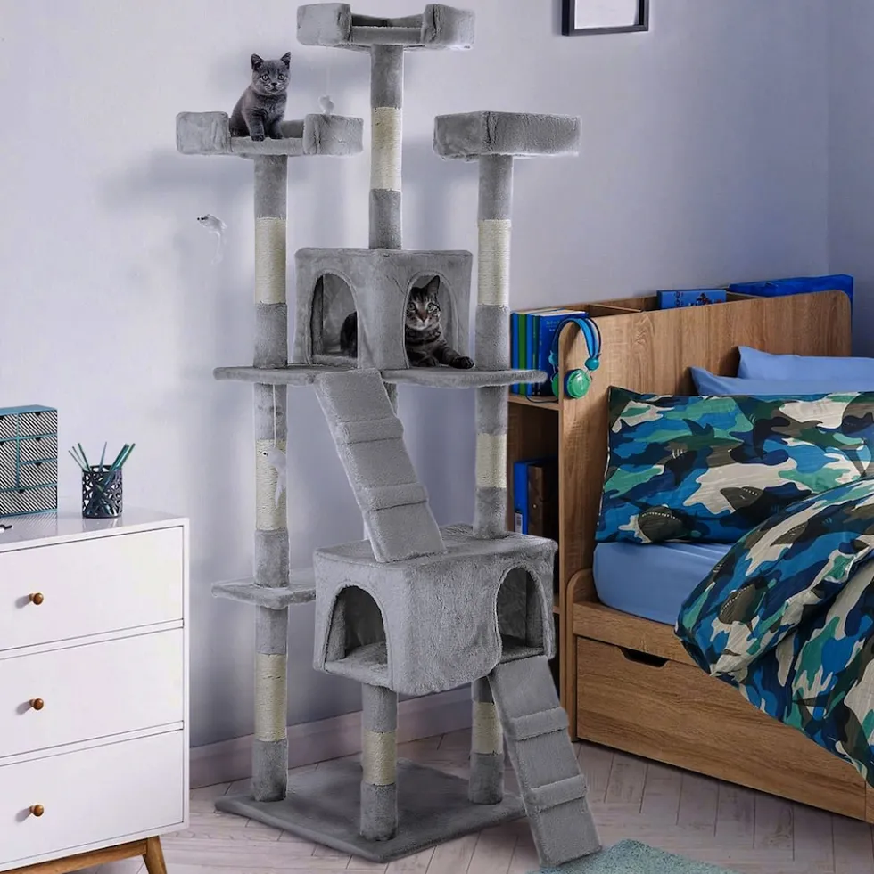 NYVI Katzen Kratzbaum Diego 170 cm Grau - Deluxe Katzenbaum mit Katzenhöhlen, 3 Plattformen und Sisal Kratzsäule