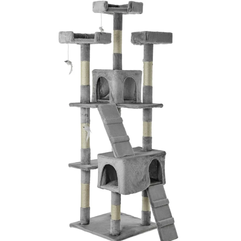 NYVI Katzen Kratzbaum Diego 170 cm Grau - Deluxe Katzenbaum mit Katzenhöhlen, 3 Plattformen und Sisal Kratzsäule