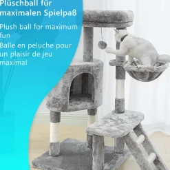 NYVI Katzen Kratzbaum Figaro 102 cm Grau - Deluxe Katzenbaum mit Katzenhöhle, Hängematte, Plattform, Katzenspielzeug und Sisal Kratzsäule