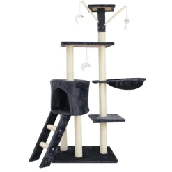 NYVI Katzen Kratzbaum Simba 142 cm Dunkelgrau - Deluxe Katzenbaum mit Katzenhöhle, Spielzeug, Plattform, Sisal Kratzsäule und Hängematte