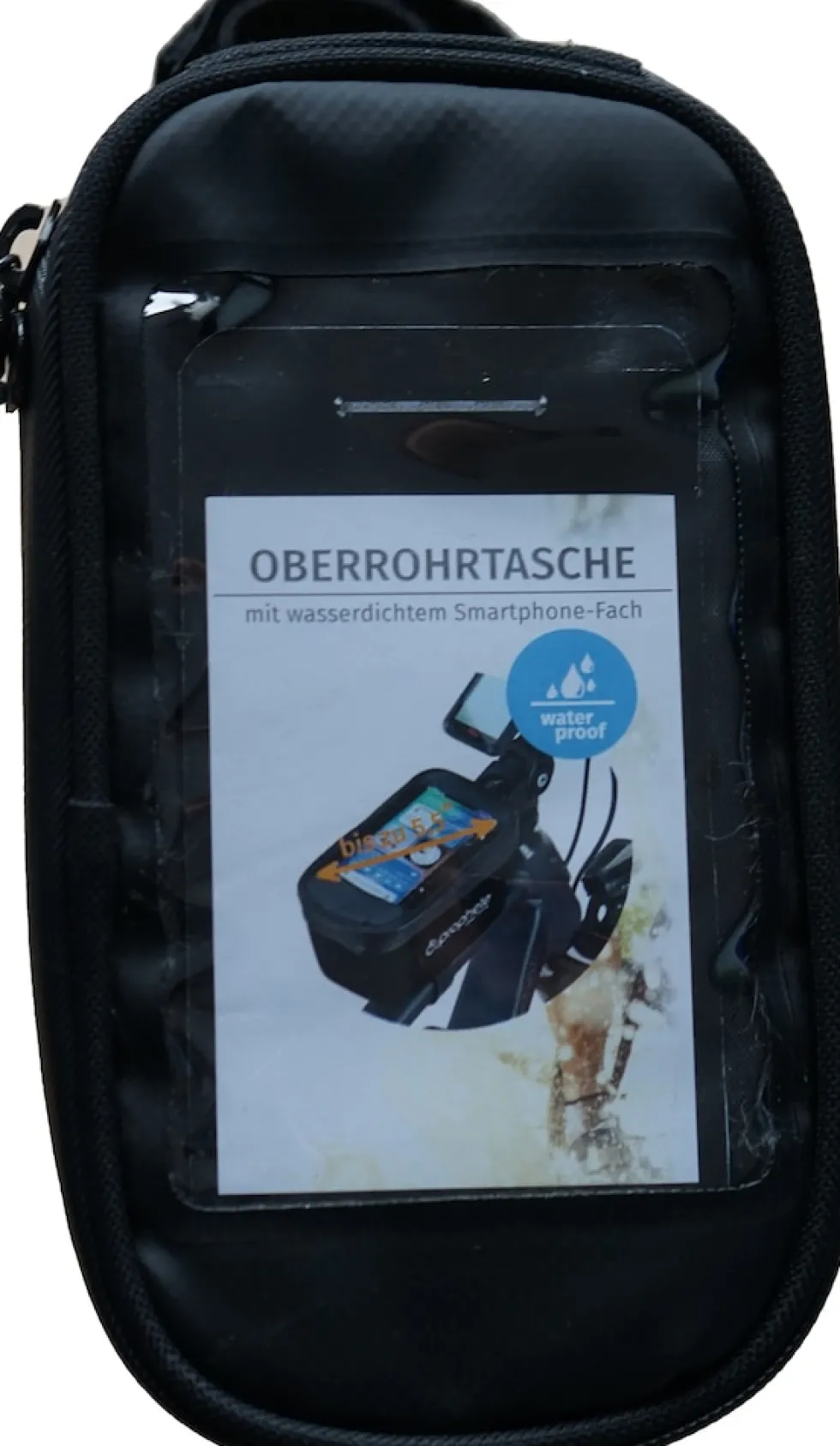 Oberrohrtasche, wasserabweisend, mit Smartphone-Fach für Smartphones bis 5,5", Volumen: 1 Liter, Farbe: schwarz
