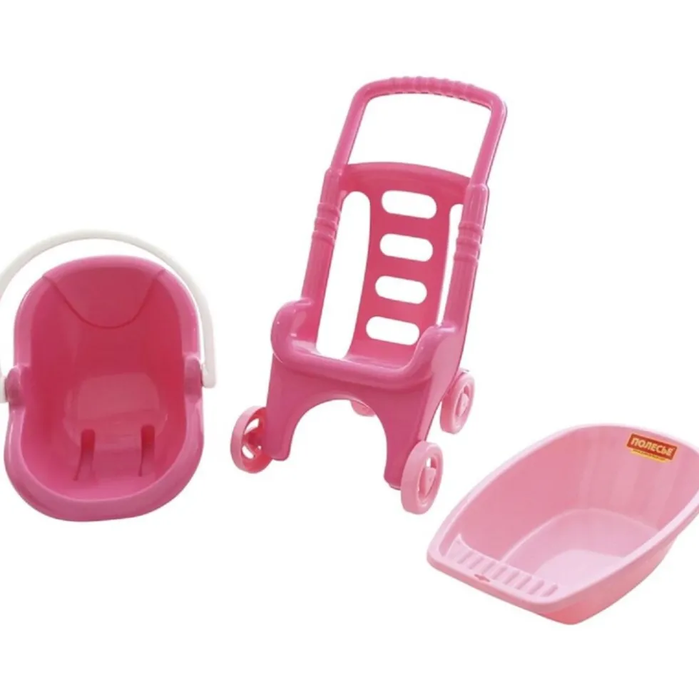 Polesie 42842 Puppenwagen 3 in 1 Set, Puppenbuggy Schaukelkorb Puppen-Badewanne pink