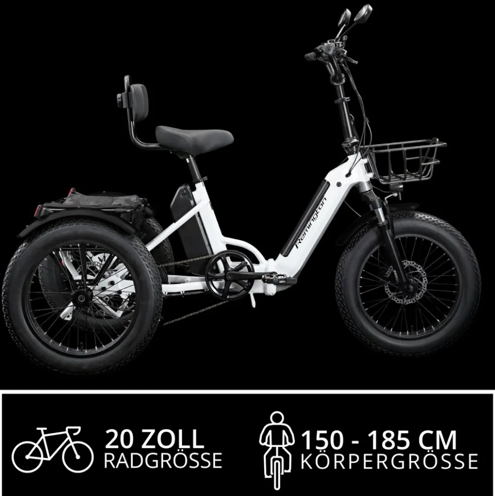 Remington R100 E Bike Elektro Dreirad 20 Zoll Elektrodreirad mit 2 Akkus bis 120 km Pedelec City mit tiefem Einstieg klappbar