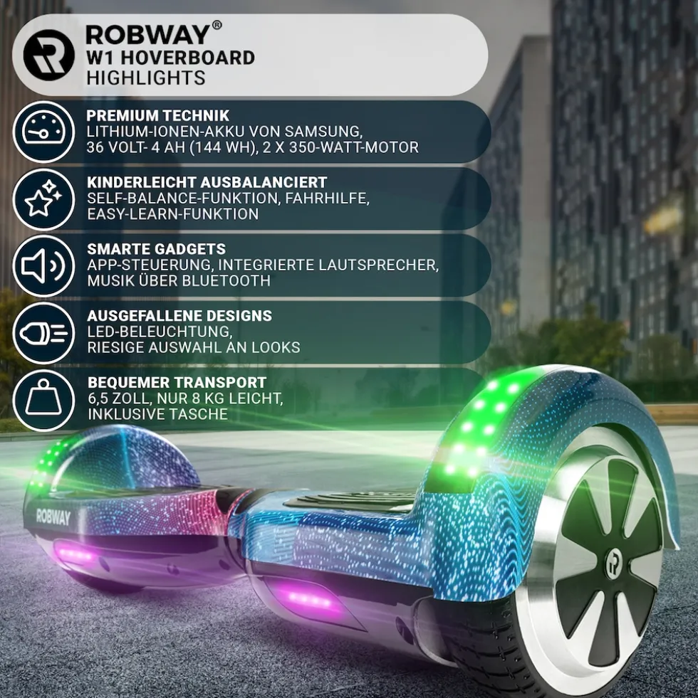 ROBWAY W1 Hoverboard für Erwachsene und Kinder, 6,5 Zoll, Self-Balance, Bluetooth, App, 700 Watt, LEDs (Space Blue 2.0)