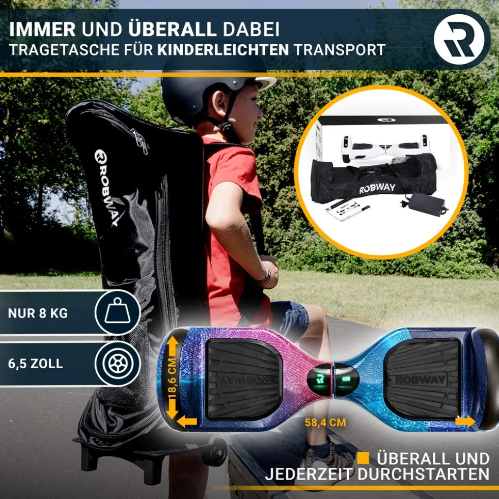 ROBWAY W1 Hoverboard für Erwachsene und Kinder, 6,5 Zoll, Self-Balance, Bluetooth, App, 700 Watt, LEDs (Space Blue 2.0)