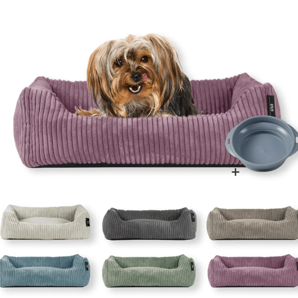 Rohrschneider Tierbett Cordstoff breit Gr. 1 taupe + faltbarer Reisenapf