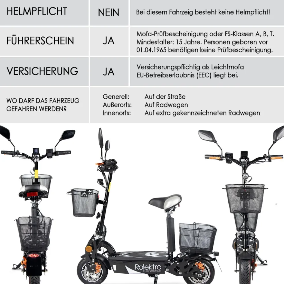 Rolektro, E-Joy Elektro-Scooter 20 Lithium, Schwarz, 36V-20AH Akku, 500 Watt