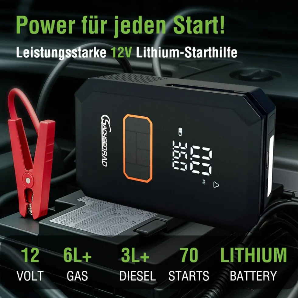 SachsenRAD Air Power Start Luftkompressor mit Auto-Starthilfe und Powerbank