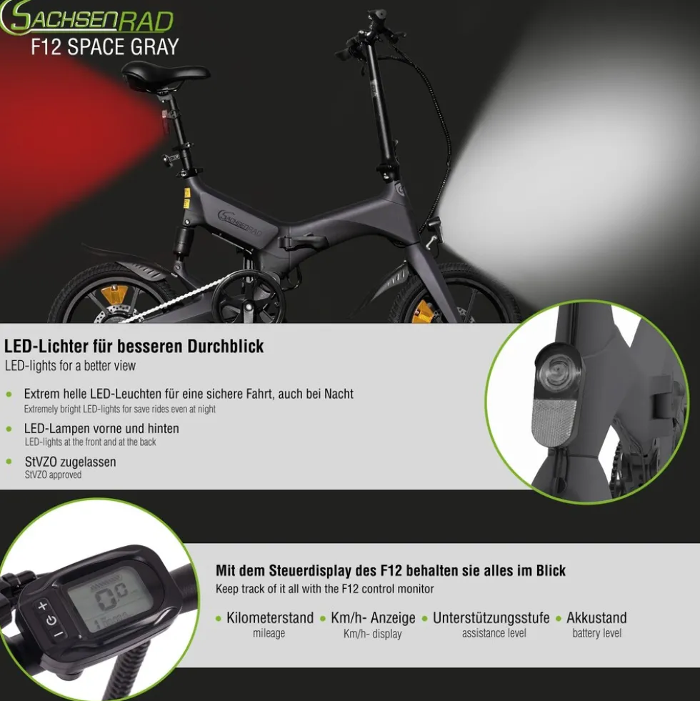 SachsenRAD E-Faltrad F12 Klapprad Ebike Elektrofahrrad Space Grau 16 Zoll