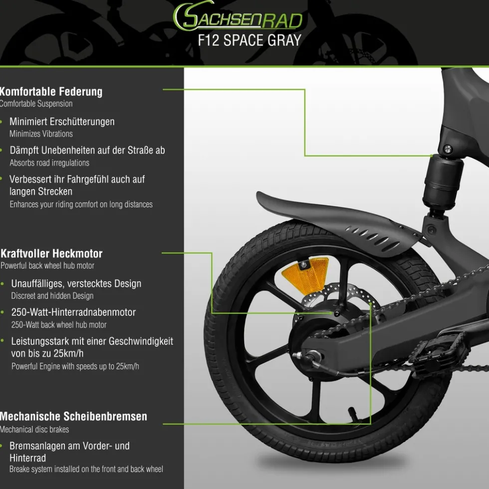 SachsenRAD E-Faltrad F12 Klapprad Ebike Elektrofahrrad Space Grau 16 Zoll