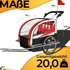 SAMAX 360° drehbarer Fahrradanhänger 2in1 Jogger - in Rot - Silver Frame