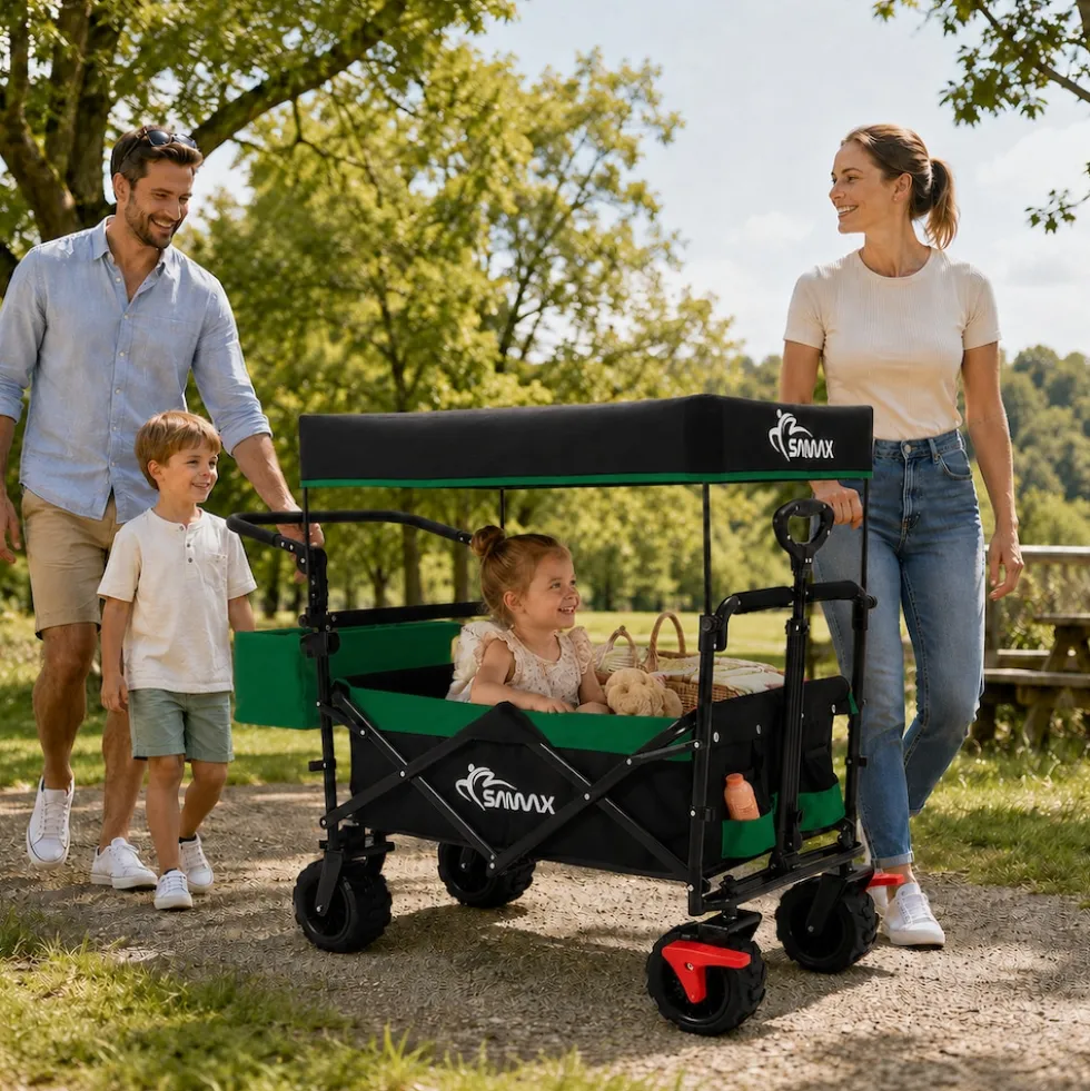 SAMAX Faltbarer Bollerwagen Offroad mit Dach - Schwarz / Grün