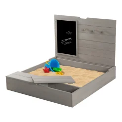 Sandkasten mit Deckel, aufklappbar mit Tafel & 3 Haken, Massivholz grau lasiert
