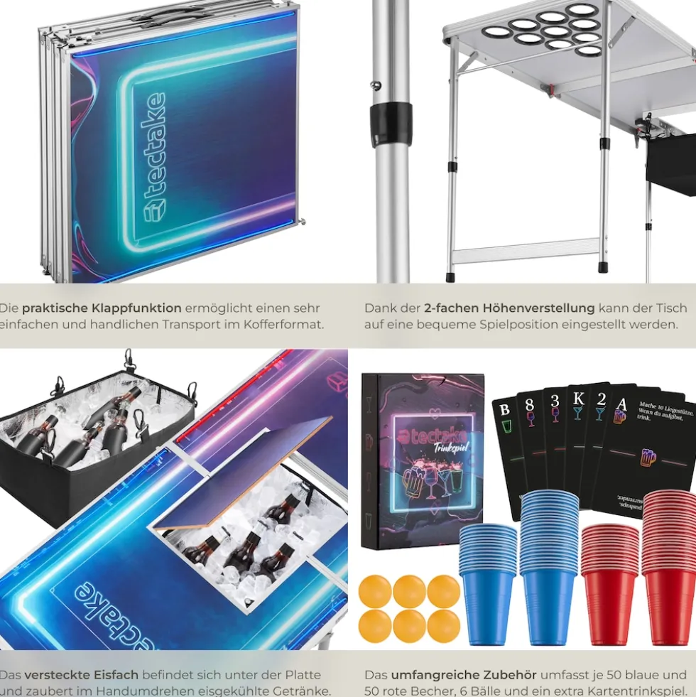 tectake® Aluminium Bierpongtisch, mit Eisfach, Becherlöchern, LED-Beleuchtung, bodenschonende Kunststofffüße, inklusive 100 Bechern, 6 Bällen und Kartentrinkspiel