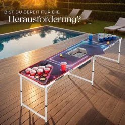 tectake® Aluminium Bierpongtisch, mit Eisfach, Becherlöchern, LED-Beleuchtung, bodenschonende Kunststofffüße, inklusive 100 Bechern, 6 Bällen und Kartentrinkspiel