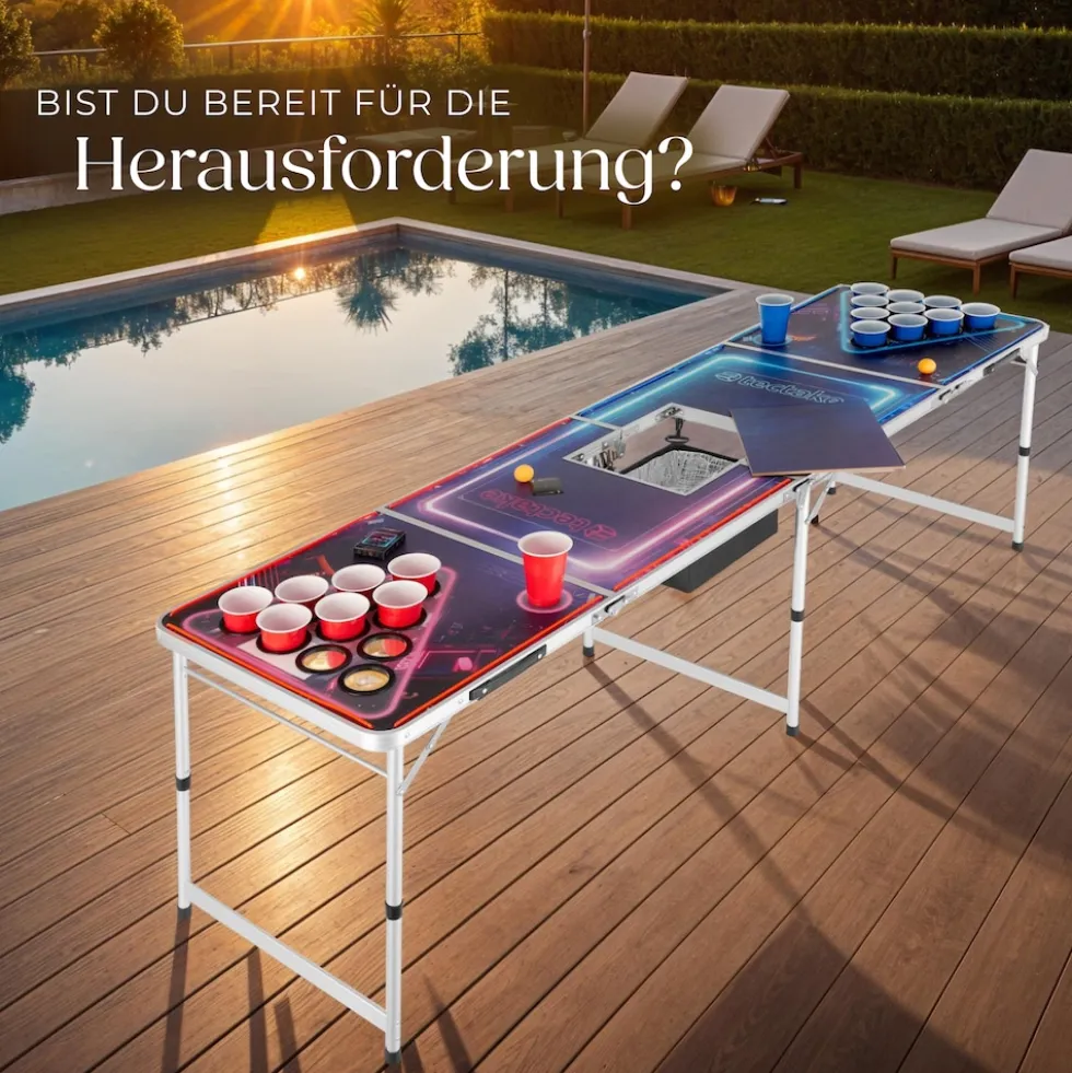 tectake® Aluminium Bierpongtisch, mit Eisfach, Becherlöchern, LED-Beleuchtung, bodenschonende Kunststofffüße, inklusive 100 Bechern, 6 Bällen und Kartentrinkspiel