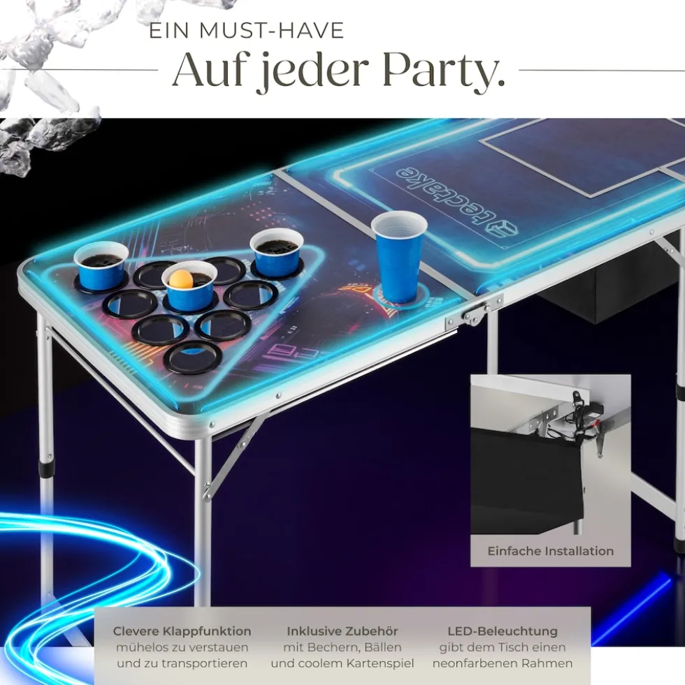 tectake® Aluminium Bierpongtisch, mit Eisfach, Becherlöchern, LED-Beleuchtung, bodenschonende Kunststofffüße, inklusive 100 Bechern, 6 Bällen und Kartentrinkspiel