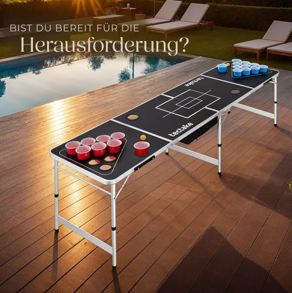 tectake® Aluminium Bierpongtisch, mit Eisfach, klappbar, bodenschonende Kunststofffüße, inklusive 100 Bechern und 6 Bällen