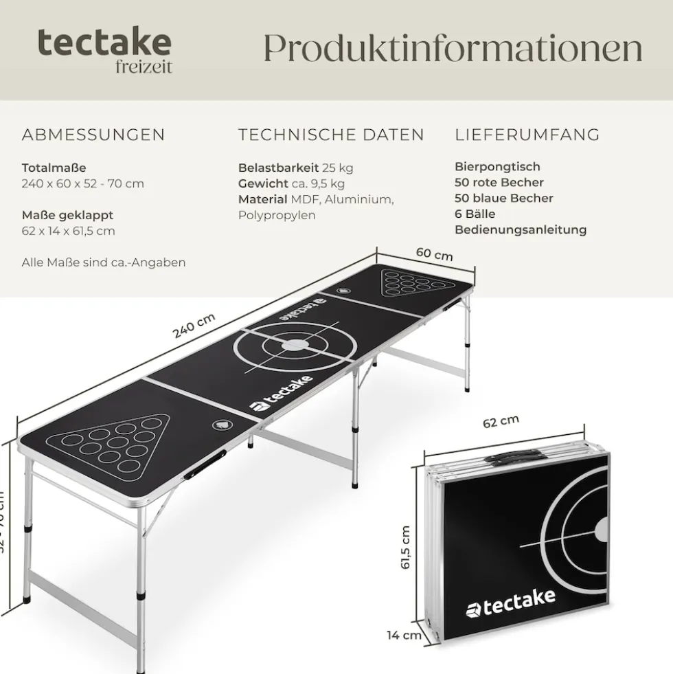 tectake® Aluminium Bierpongtisch, klappbar, bodenschonende Kunststofffüße, inklusive 100 Bechern und 6 Bällen