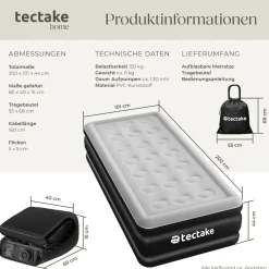 tectake® Aufblasbare Matratze, für 1 oder 2 Personen, ergonomisches Luftsäulensystem, inkl. manuellem Ventil und Tragebeutel