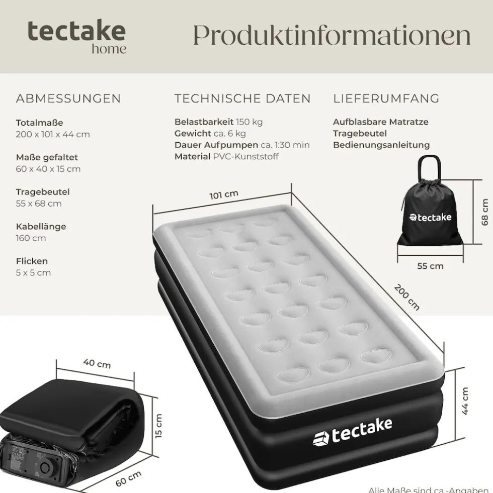 tectake® Aufblasbare Matratze, für 1 oder 2 Personen, ergonomisches Luftsäulensystem, inkl. manuellem Ventil und Tragebeutel