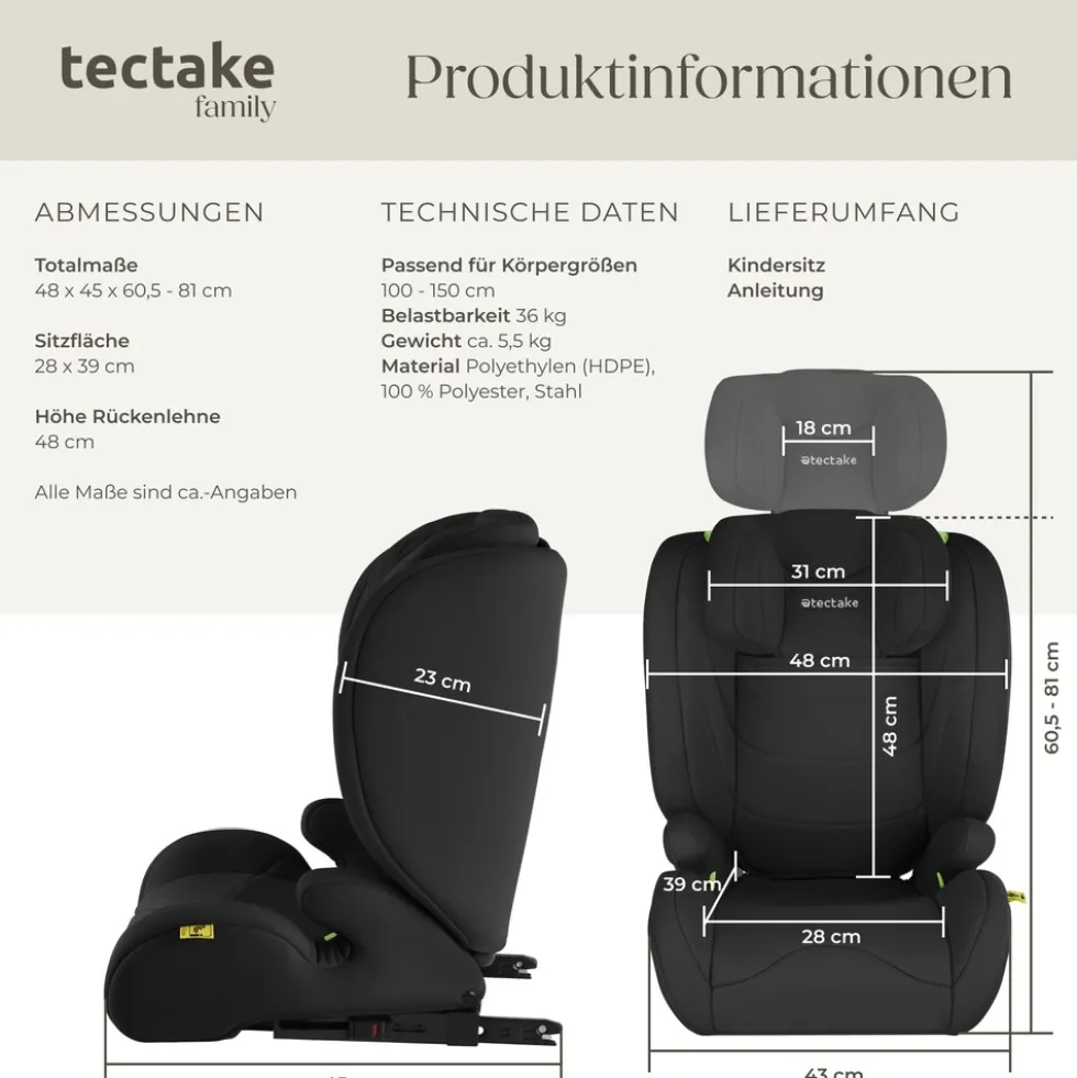 tectake® Autositz, i-Size Zulassung, ISOFIX-Installation, mit Seitenaufprallschutz, extra dicke Polsterung, von 100 bis 150 cm, Belastbarkeit 36 kg