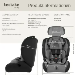 tectake® Autositz, i-Size Zulassung, mit Seitenaufprallschutz, längenverstellbarer 5-Punkt-Gurt, höhenverstellbare Kopfstütze, von 76 bis 150 cm, Belastbarkeit 36 kg