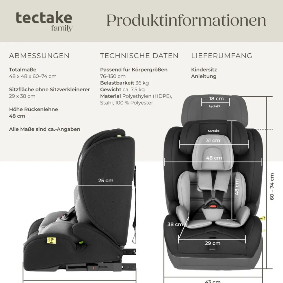 tectake® Autositz, i-Size Zulassung, ISOFIX-Installation und Top Tether, mit Seitenaufprallschutz, längenverstellbarer 5-Punkt-Gurt, 8-fach höhenverstellbare Kopfstütze, ab 15 Monaten von 76 bis 150 cm, Belastbarkeit 36 kg