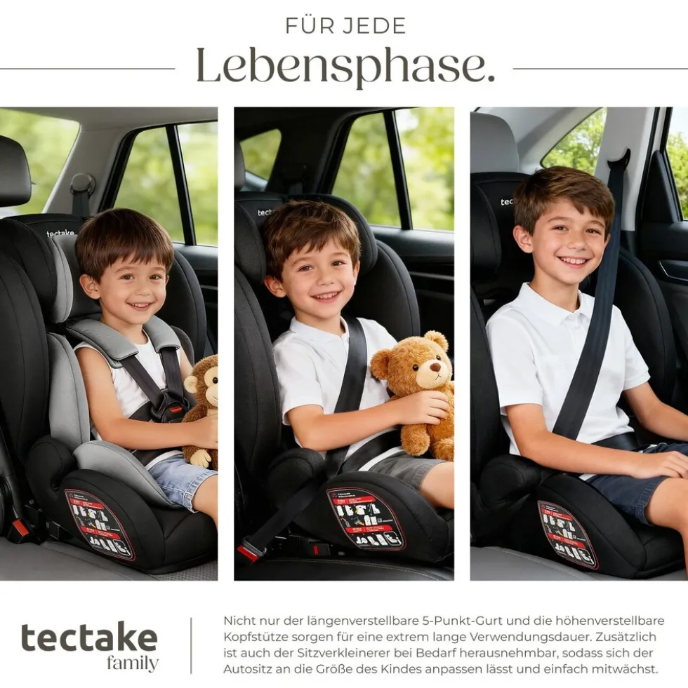 tectake® Autositz, i-Size Zulassung, ISOFIX-Installation und Top Tether, mit Seitenaufprallschutz, längenverstellbarer 5-Punkt-Gurt, 8-fach höhenverstellbare Kopfstütze, ab 15 Monaten von 76 bis 150 cm, Belastbarkeit 36 kg