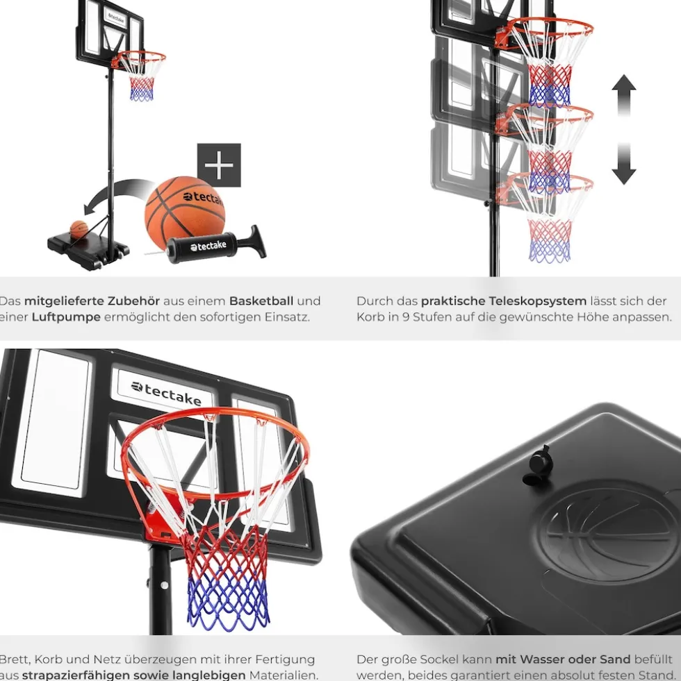 tectake® Basketballkorb, Outdoor, verstellbare Korbhöhe 230 - 305 cm, mit Rollen, inklusive Ball, Pumpe und 2 Netze