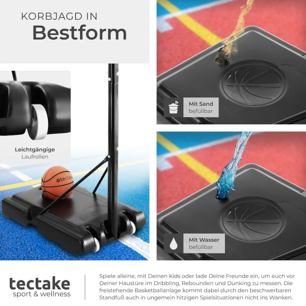 tectake® Basketballkorb, Outdoor, verstellbare Korbhöhe 230 - 305 cm, mit Rollen, inklusive Ball, Pumpe und 2 Netze
