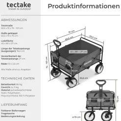 tectake® Bollerwagen, faltbar, abnehmbarer Stoffeinsatz mit 2 Netztaschen, inklusive Tragetasche, Belastbarkeit 80 kg