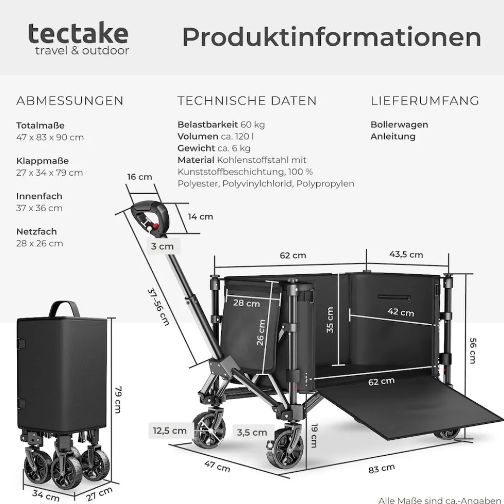 tectake® Bollerwagen, faltbar, abnehmbare Plane aus Oxford-Gewebe mit großer Netztasche und Innenfach, Inklusive Einlegeboden, Reflektorstreifen, Belastbarkeit 60 kg