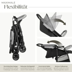 tectake® Buggy-Kinderwagen, klappbar, mit 5-Punkt-Gurt, Bremse und Schutzbügel, pulverbeschichtetes Stahlgestell und pflegeleichter Polyesterbezug, für 0 bis 36 Monate geeignet, Belastbarkeit 15 kg