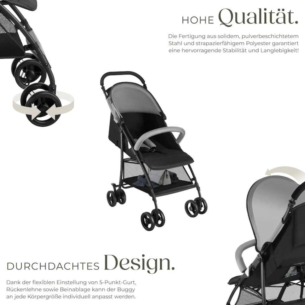 tectake® Buggy-Kinderwagen, klappbar, mit 5-Punkt-Gurt, Bremse und Schutzbügel, pulverbeschichtetes Stahlgestell und pflegeleichter Polyesterbezug, für 0 bis 36 Monate geeignet, Belastbarkeit 15 kg