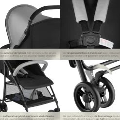 tectake® Buggy-Kinderwagen, klappbar, mit 5-Punkt-Gurt, Bremse und Schutzbügel, pulverbeschichtetes Stahlgestell und pflegeleichter Polyesterbezug, für 0 bis 36 Monate geeignet, Belastbarkeit 15 kg