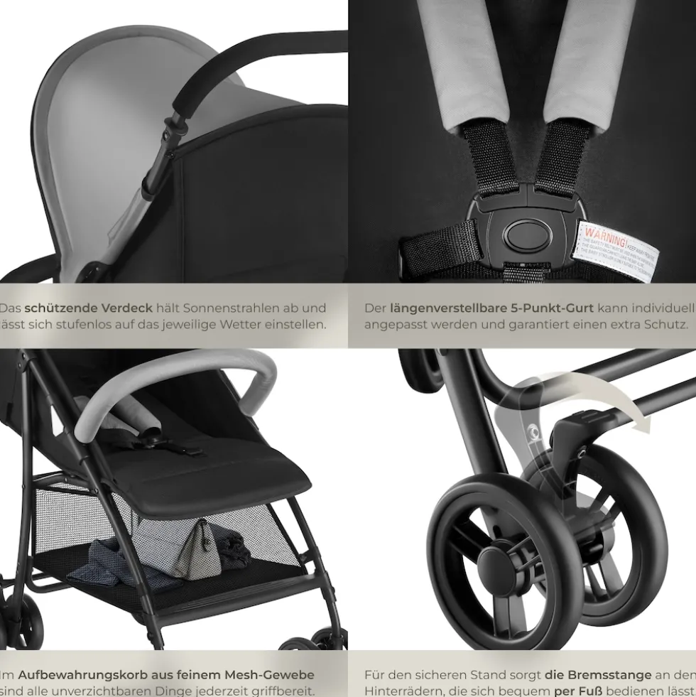 tectake® Buggy-Kinderwagen, klappbar, mit 5-Punkt-Gurt, Bremse und Schutzbügel, pulverbeschichtetes Stahlgestell und pflegeleichter Polyesterbezug, für 0 bis 36 Monate geeignet, Belastbarkeit 15 kg