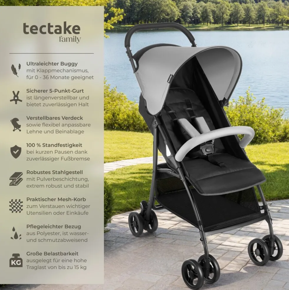 tectake® Buggy-Kinderwagen, klappbar, mit 5-Punkt-Gurt, Bremse und Schutzbügel, pulverbeschichtetes Stahlgestell und pflegeleichter Polyesterbezug, für 0 bis 36 Monate geeignet, Belastbarkeit 15 kg