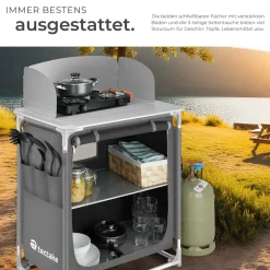 tectake® Campingküche Premium mit Aluminiumgestell und 2 Fächern, faltbar, mit 2 großen Fächern und Windschutz, 76 x 53,5 x 107 cm