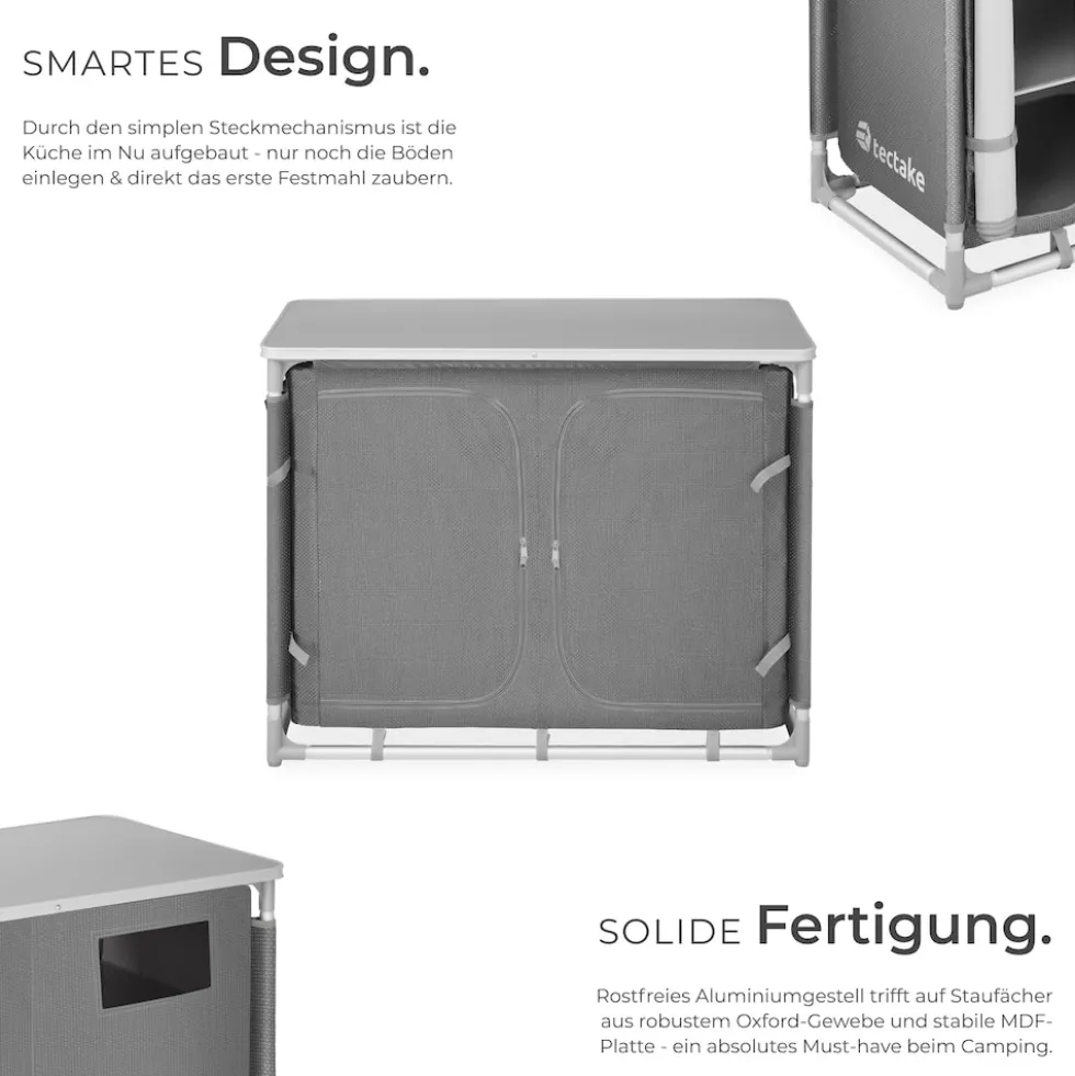 tectake® Campingschrank Deluxe mit Aluminiumgestell und 6 Fächern, faltbar, Stauraum mit 6 Fächern, 97 x 47,5 x 78 cm
