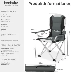 tectake® Campingstuhl, faltbar, gepolstert, geringes Gewicht, 60 x 88 x 110 cm