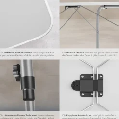 tectake® Campingtisch, klappbar, stufenlos höhenverstellbare Beine, 80 x 60 x 68 cm