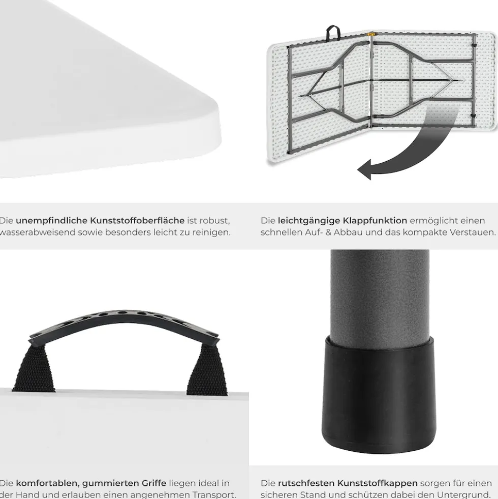 tectake® Campingtisch, klappbar, wetterfest, 120 kg Belastbarkeit, gummierter Tragegriff