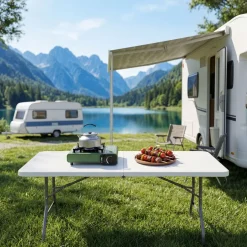 tectake® Campingtisch, klappbar, wetterfest, 120 kg Belastbarkeit, gummierter Tragegriff