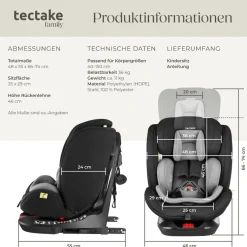 tectake® Drehbarer Autositz, i-Size Zulassung, ISOFIX-Installation und Top Tether, mit Seitenaufprallschutz, längenverstellbarer 5-Punkt-Gurt, höhenverstellbare Kopfstütze, ab Geburt bis 150 cm, Belastbarkeit 36 kg